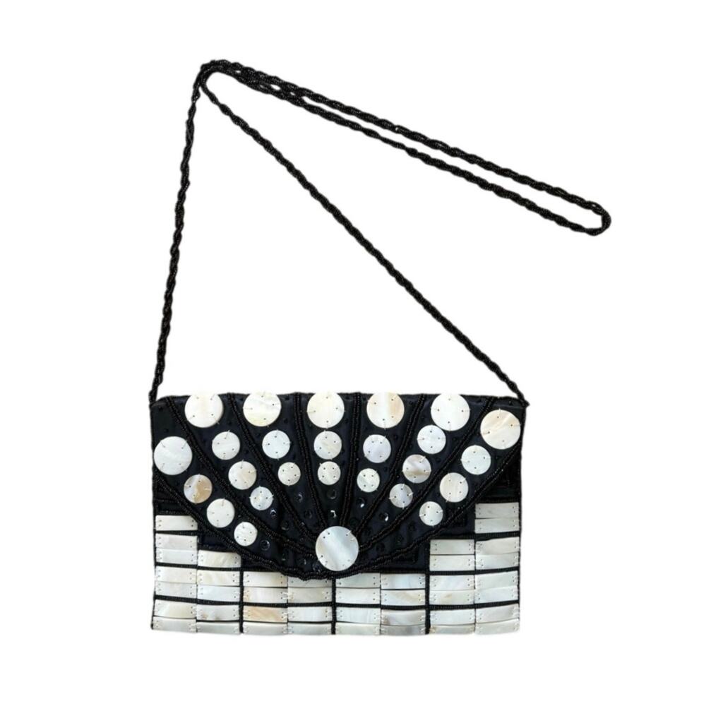 Vintage Y2K Mad by Design Hand Made Mother of Pearl Silk Horn Flap Crossbody Bag
